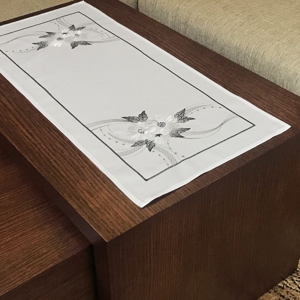 Bieżnik z haftem, 40x85, biały w kwiaty, OH-158-A