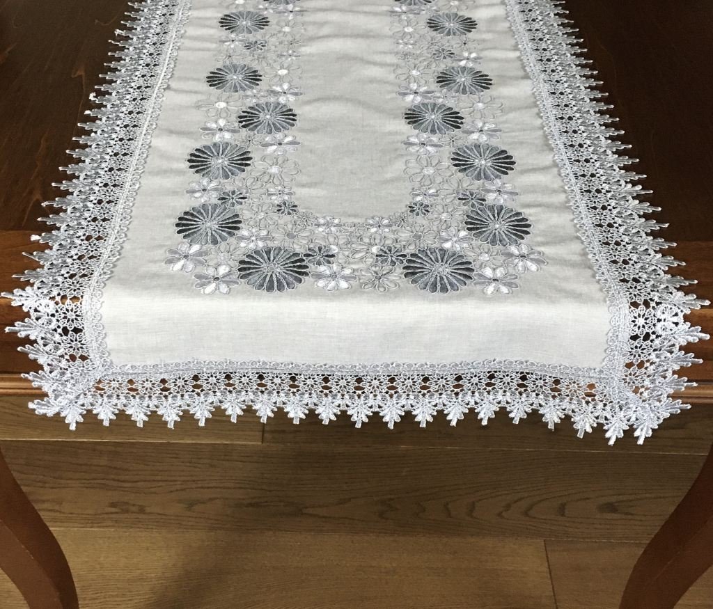 Bieżnik z haftem, 60x120, szary w kwiaty, OH-161-A