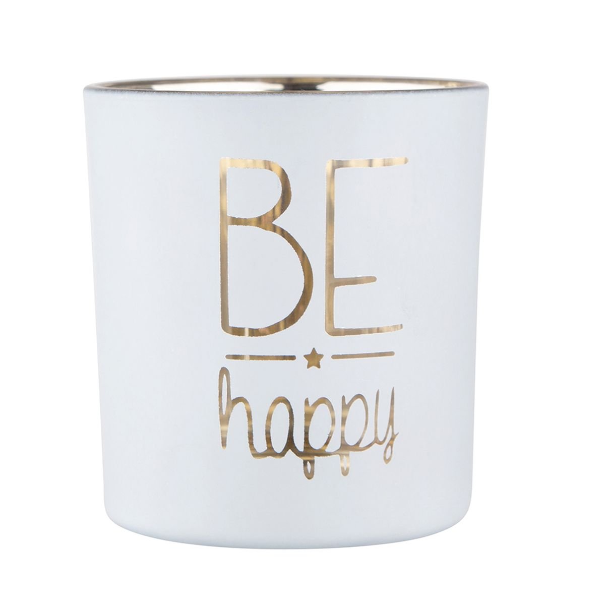 Świecznik szklany, biały ze złotym wnętrzem dekorowany Be happy, 7x8 cm