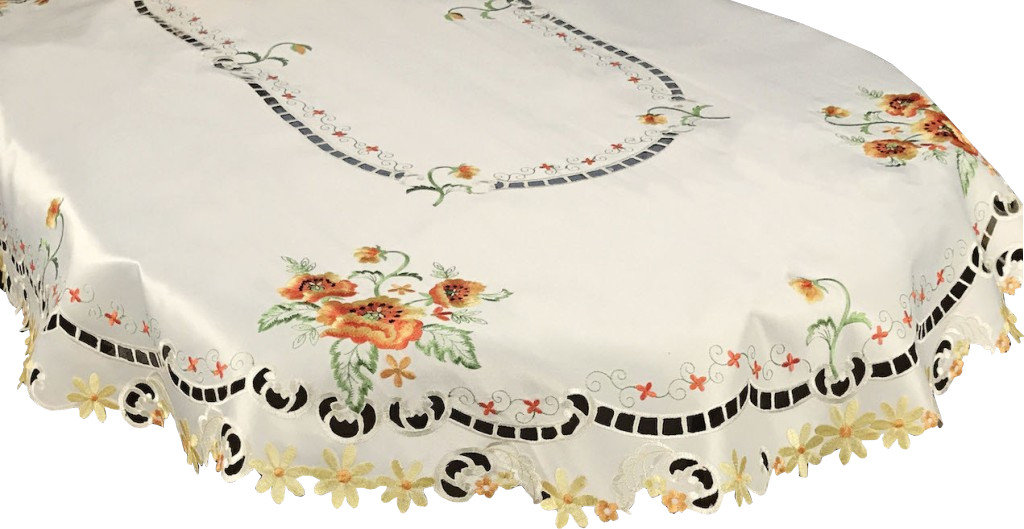 Obrus z haftem, 150x220, kremowy w kwiaty, OH-204-B