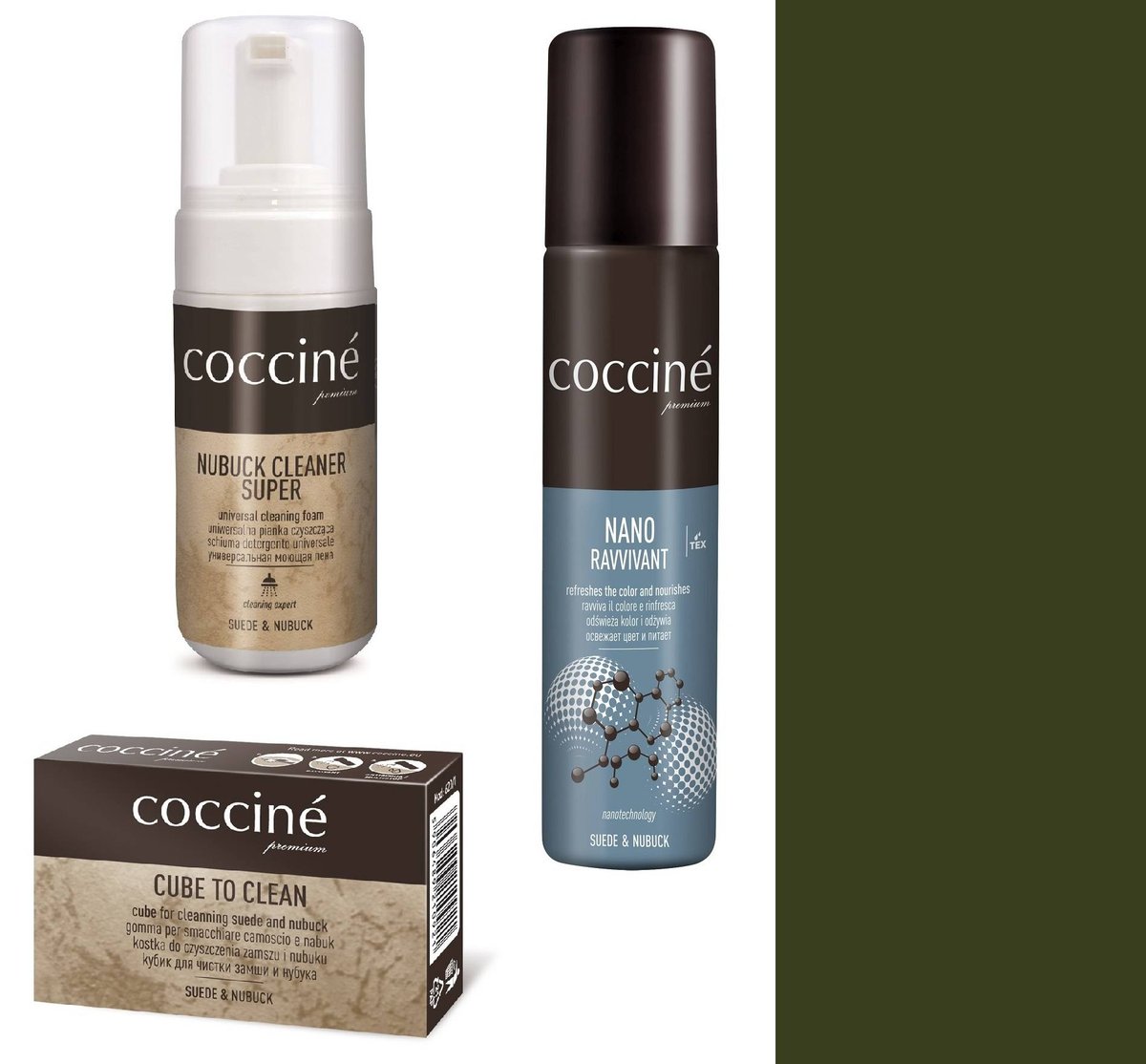 Zestaw do renowacji zamszu i nubuku pianka, gumka, nano ravvivant coccine khaki 321