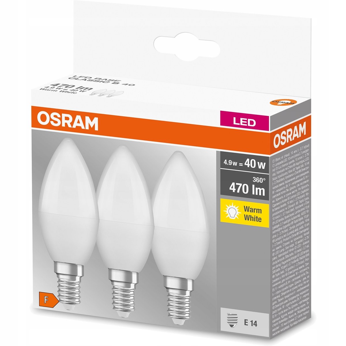 Osram BASE Classic B żarówka świeczka LED E14 / 5,7W - zamiennik dla żarówek o mocy 40 W, kolor: matowy, ciepła biel (2700 K), opakowanie promocyjne (3 szt.) 4052899955509