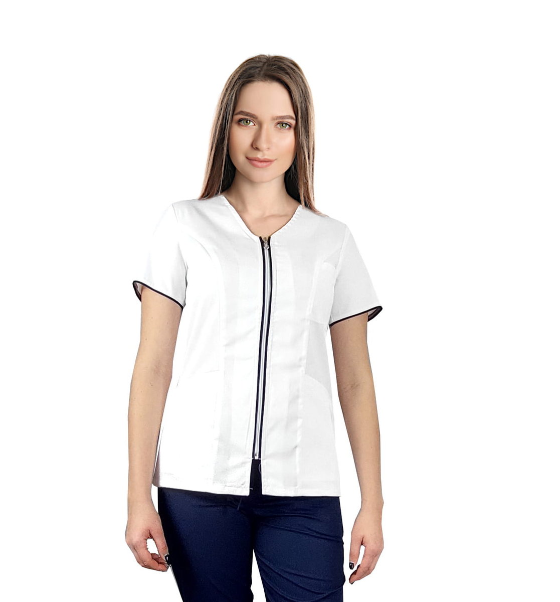 Żakiet medyczny kosmetyczny na suwak biały z lamówką granat 46