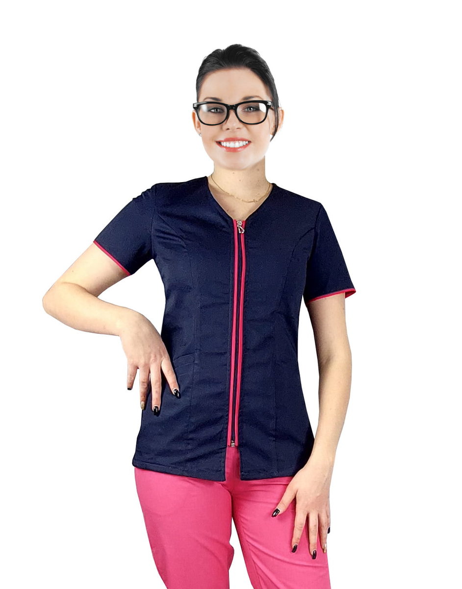 Żakiet medyczny kosmetyczny na suwak granatowy z lamówką amarant 40