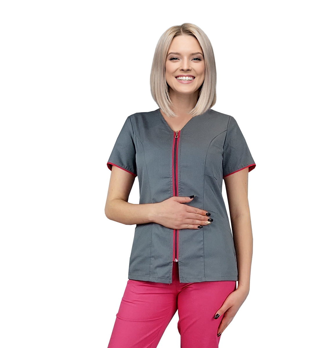 Żakiet medyczny kosmetyczny na suwak szary z lamówką amarant 44