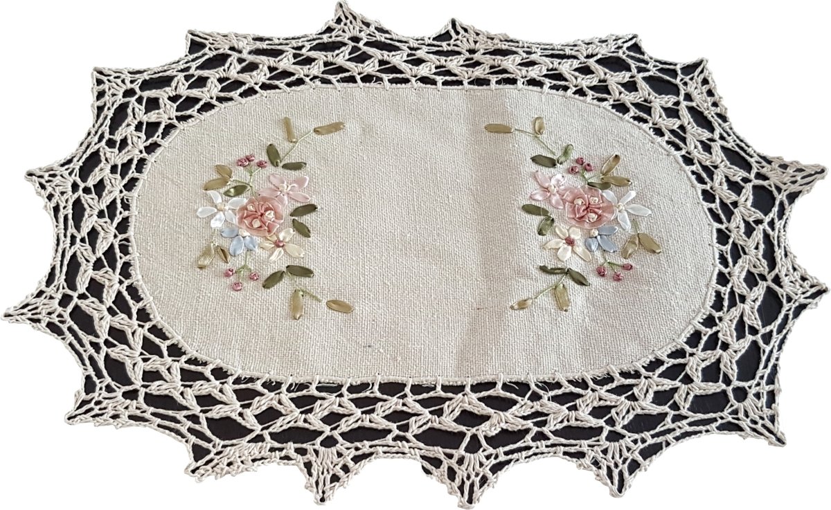 Serwetka Szydełkowa, 30X45, Beżowa W Kwiaty, G19-01-Ov