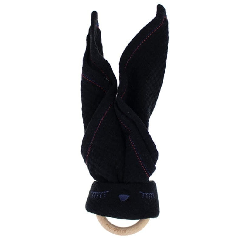 Hi Little One - Przytulanka Z Organicznej Bio Bawełny Gots Z Gryzakiem Sleepy Bunny Cozy Muslin With Wood Teether 2In1 Black