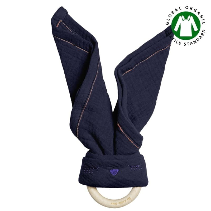 Hi Little One - Przytulanka Z Organicznej Bio Bawełny Gots Z Gryzakiem Sleepy Bunny Cozy Muslin With Wood Teether 2In1 Navy