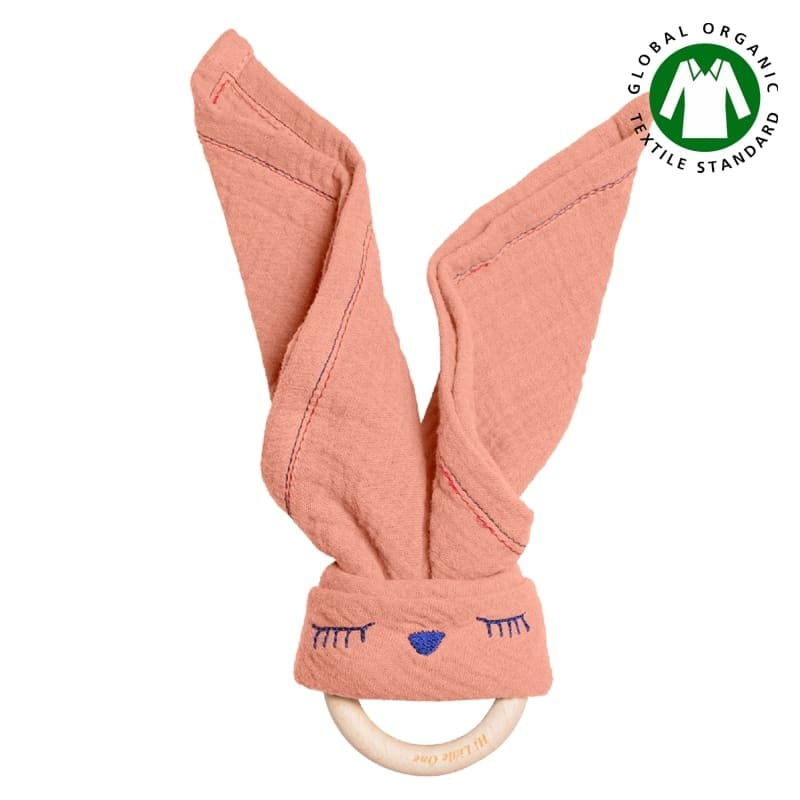 Hi Little One - Przytulanka Z Organicznej Bio Bawełny Gots Z Gryzakiem Sleepy Bunny Cozy Muslin With Wood Teether 2In1 Salmon