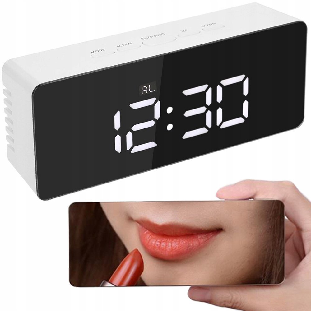 OMEGA Zegar budzik termometr lustro led alarm data 4w1 biały 01457_B