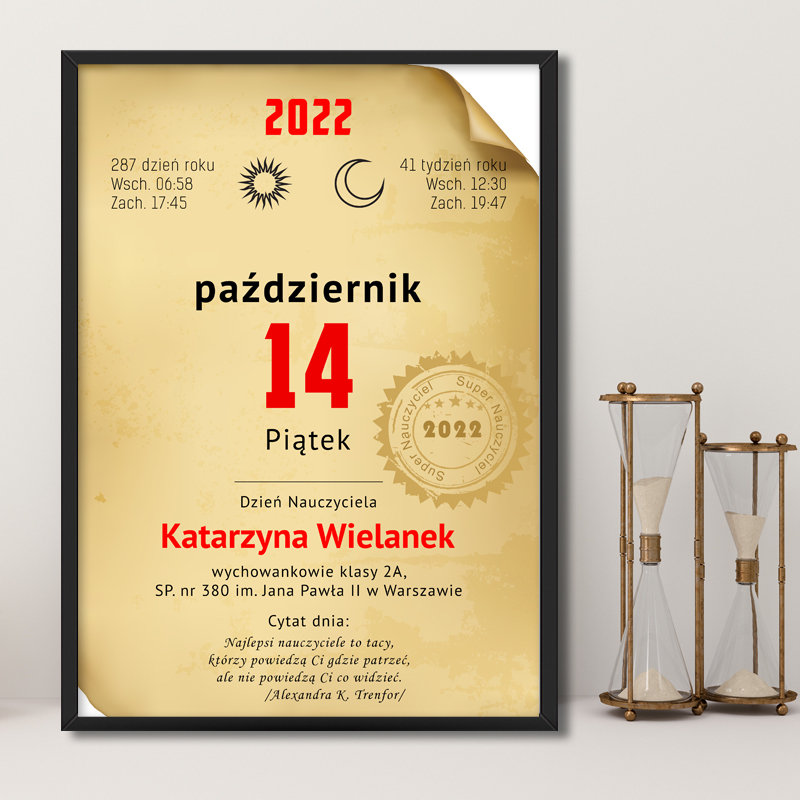 Prezent Dzień Nauczyciela Ramka A4 Plakat, Kartka Z Kalendarza