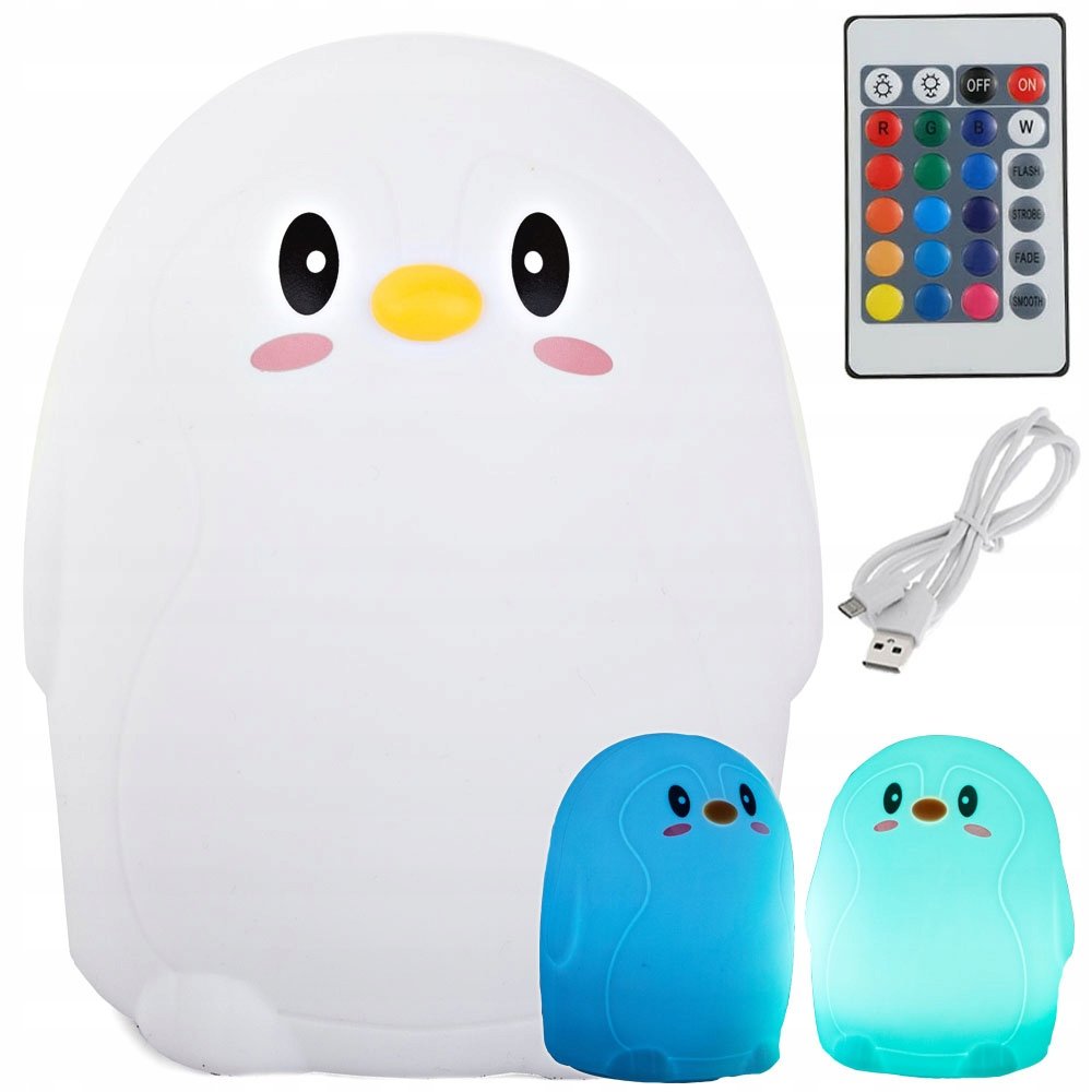 Lampka Nocna Dla Dzieci Led Pingwin Rgb Pilot Usb