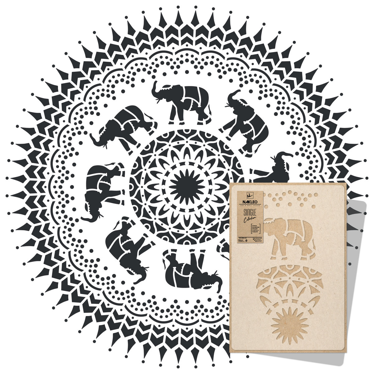 szablon malarski wielokrotny // MANDALA - SŁONIE - XXLARGE (średnica 220cm)