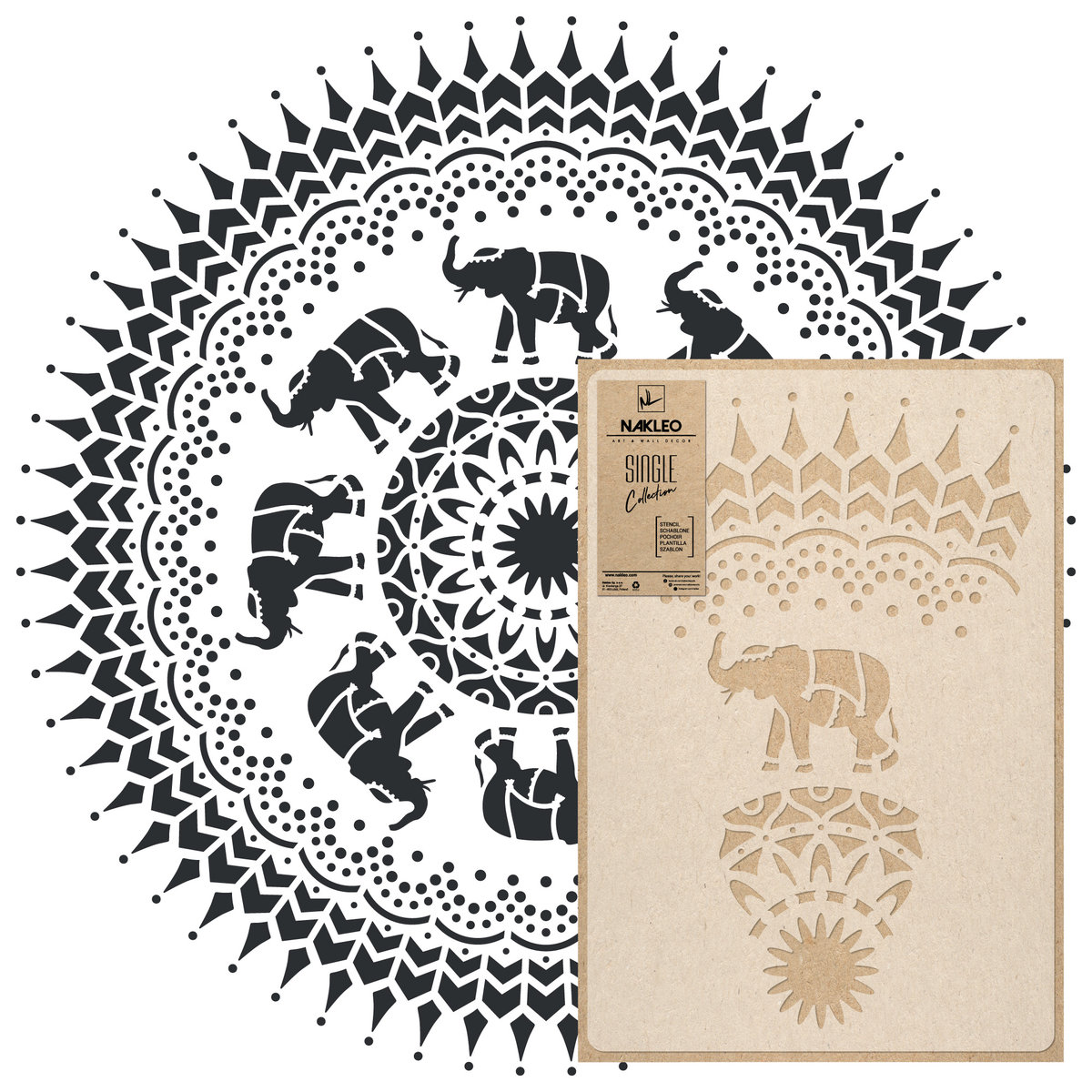 szablon malarski wielokrotny // MANDALA - SŁONIE - XLARGE (średnica 108cm)