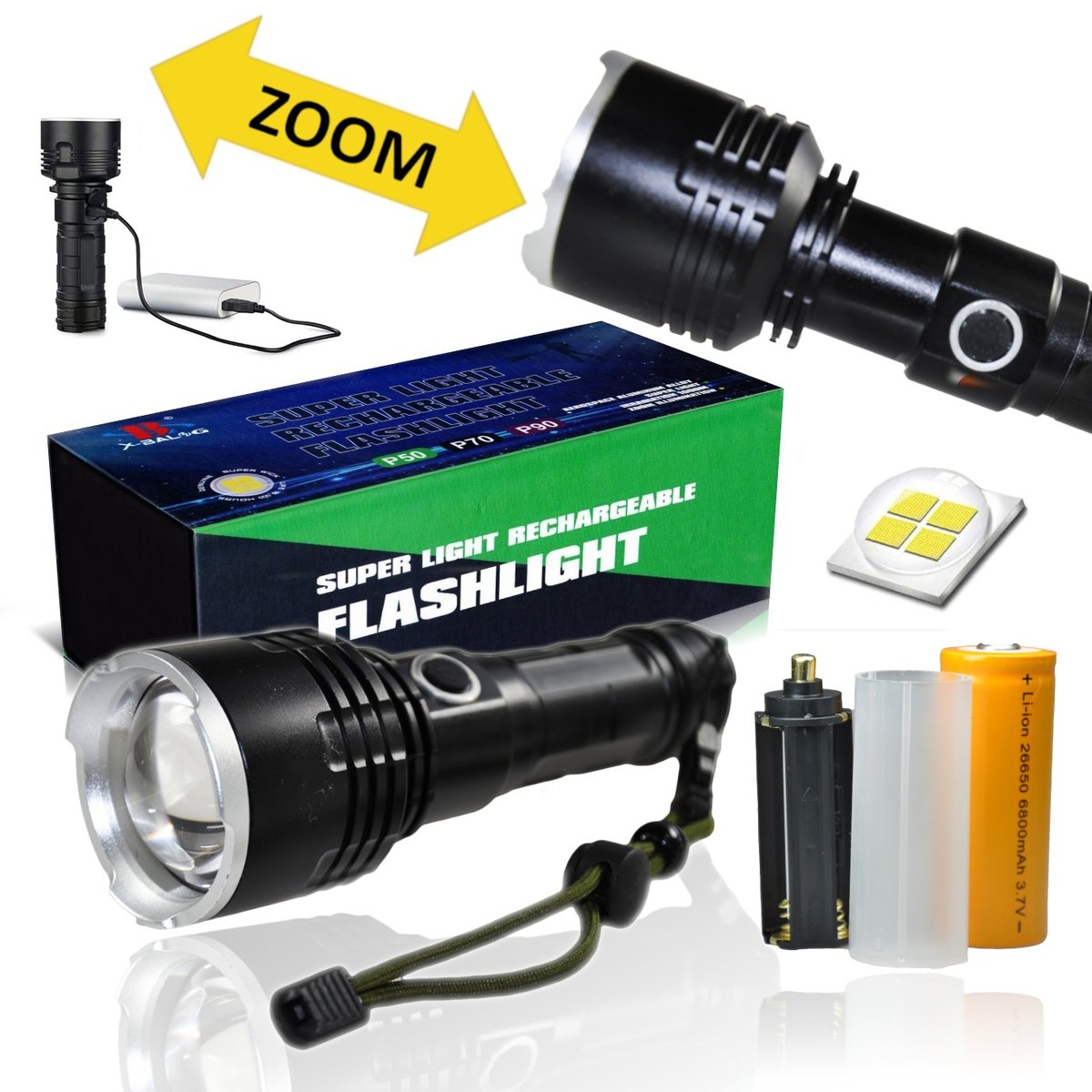 Latarka Taktyczna Led Xhp90 Na Ogniwa 18650 / 26650 Lub Aaa + Powerbank