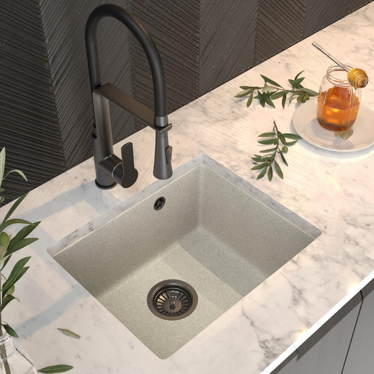 Manado Beż Podblatowy Zlew Czarny + Bateria Vegas