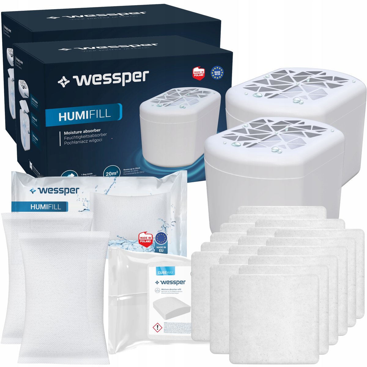 2X Wessper Humifill Pochłaniacz Wilgoci Biały + 2 Wkłady + 18 Tabletek Cubemax Pochłaniających Wilgoć