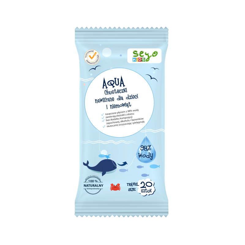 Seyo, Kids, Aqua Chusteczki Nawilżane Dla Dzieci i Niemowląt, 20 szt.