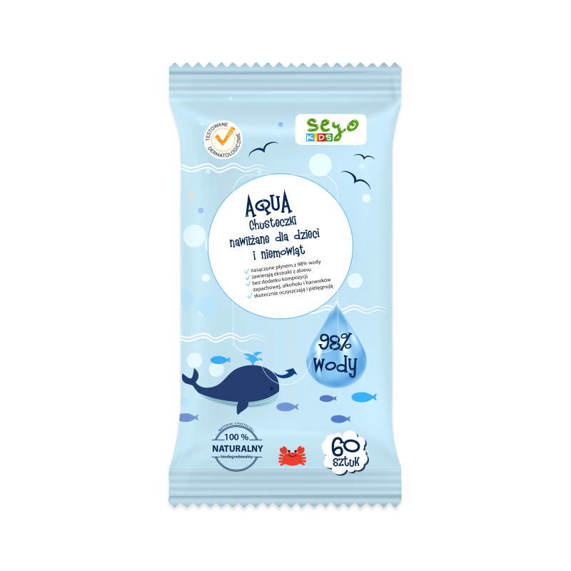 Seyo, Kids, Aqua Chusteczki Nawilżane Dla Dzieci i Niemowląt, 60 szt.
