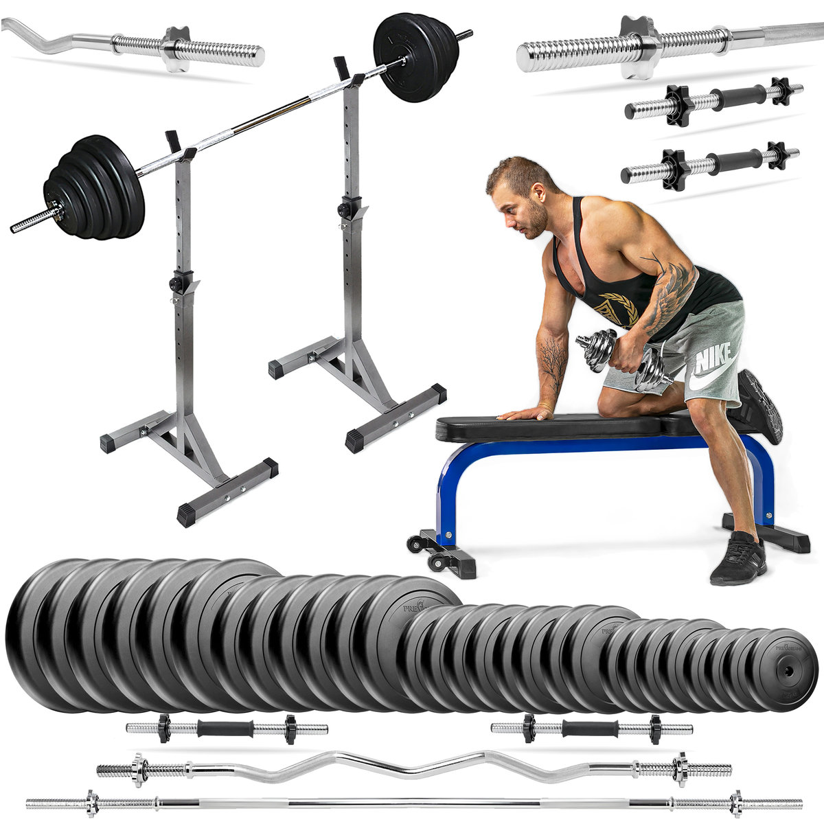 Zestaw Do Ćwiczeń Siłowych 158Kg Z Ławką Treningową Tb015, Stojakami Wolnostojącymi, Sztangą / Gryfem Prostym 150 Cm, Gryfem Lekko Łamanym 120Cm, Gr..
