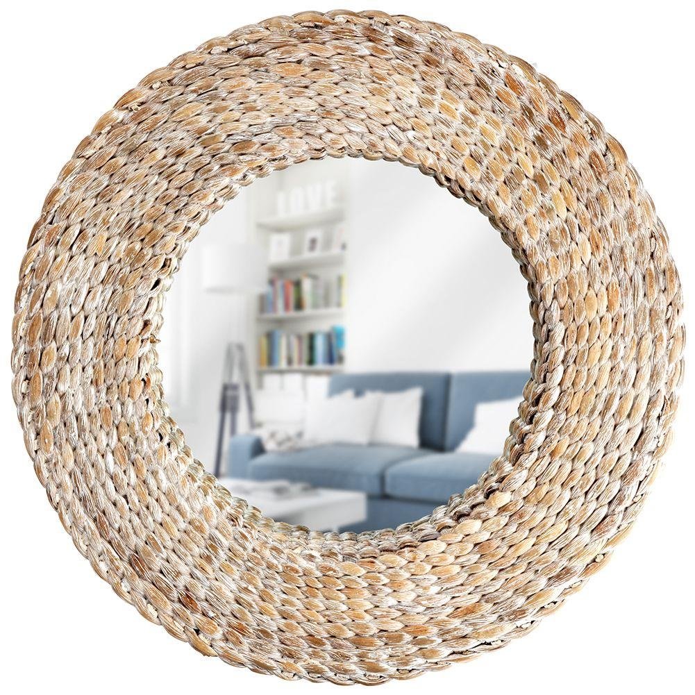 Lustro okrągłe w naturalnej ramie ścienne wiszące łazienkowe do salonu beżowe boho 50 cm kod: O-569356-J 