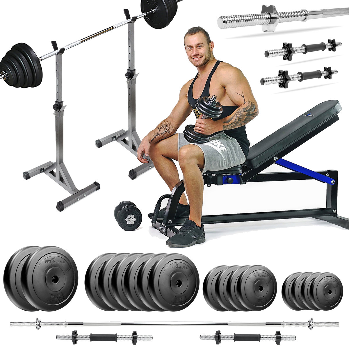 Zestaw Do Ćwiczeń 110Kg Z Ławką Treningową Tb1001, Stojakami Wolnostojącymi, Sztangą / Gryfem Prostym 180 Cm, Obciążeniem 65 Kg I Hantlami