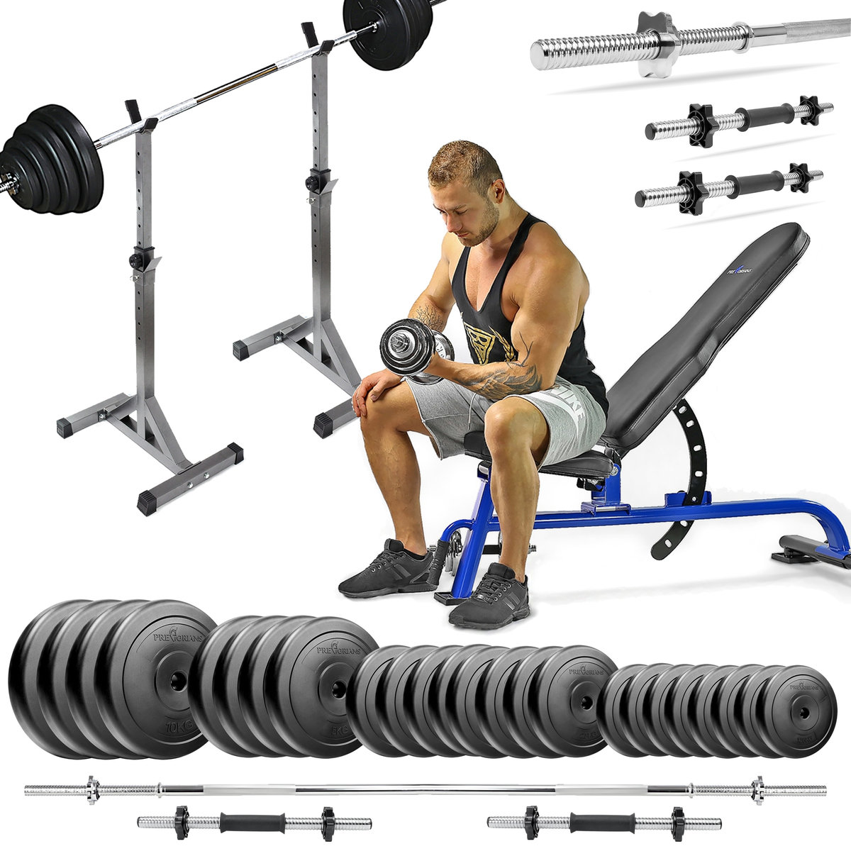 Zestaw Do Ćwiczeń Siłowych 124Kg Z Ławką Treningową Tb1054, Stojakami, Sztangą / Gryfem Prostym 180 Cm, Lekko Łamanym 120 Cm, Obciążeniem 75Kg I Han..