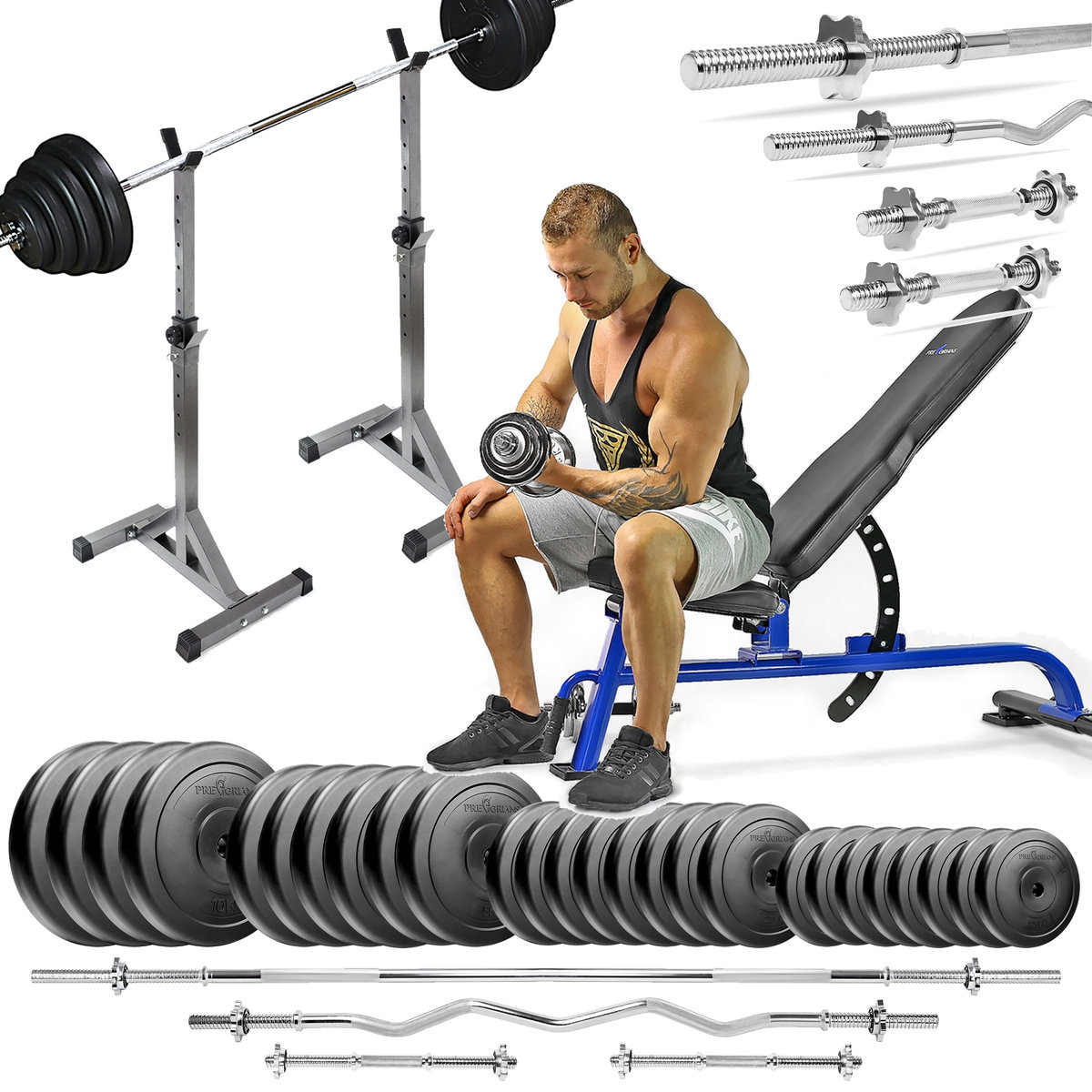 Zestaw Do Ćwiczeń Siłowych 173Kg Z Ławką Treningową Tb1054, Stojakami, Sztangą / Gryfem Prostym 180 Cm, Lekko Łamanym 120 Cm, Obciążeniem 120Kg I Ha..