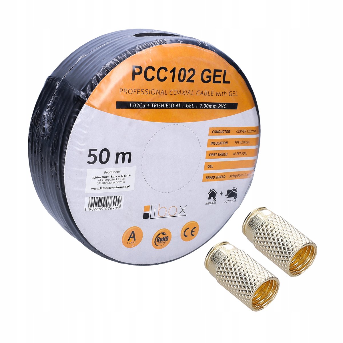 Libox Coaxialny Kabel Pcc102 Żel-50M + 2X Wtyk F 6,8Mm Lb0104