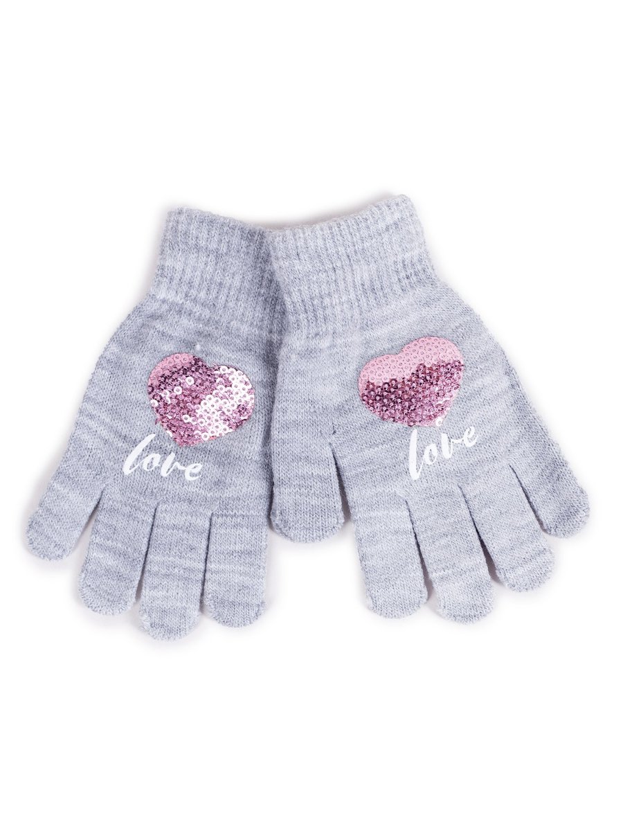 Rękawiczki Dziewczęce Pięciopalczaste Z Cekinami Love Szare 16 Cm