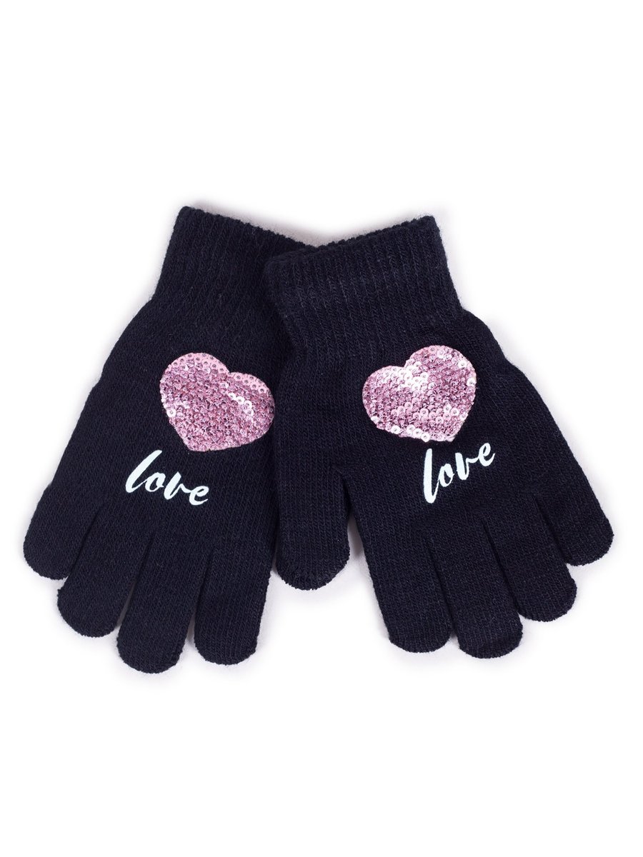 Rękawiczki Dziewczęce Pięciopalczaste Z Cekinami Love Czarne 12 Cm