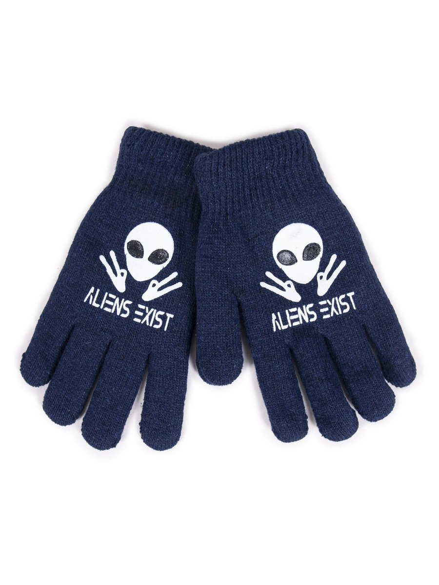 Rękawiczki Chłopięce Pięciopalczaste Dwuwarstwowe Granatowe Aliens Exist 18 Cm