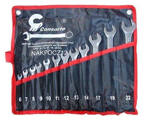 Klucze Płasko-Oczkowe 12 Elementów 6, 7, 8, 9, 10, 11, 12, 13, 14,  17, 19, 22 Mm
