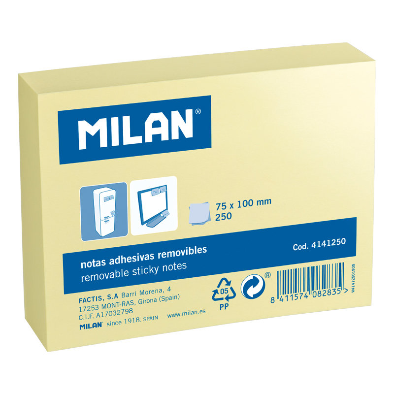 MILAN Karteczki samoprzylepne 100x75 /250K żółte MILAN