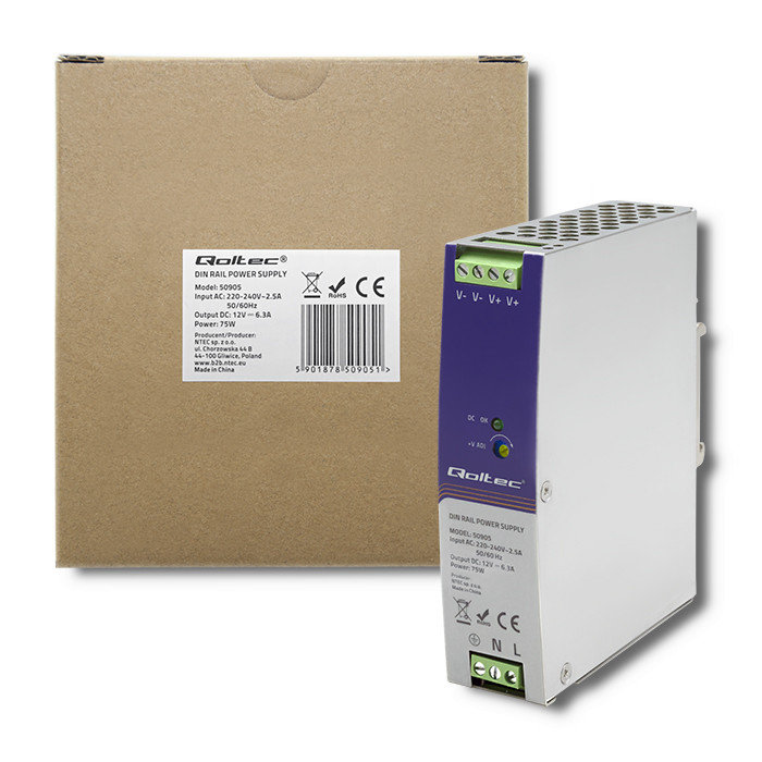 Qoltec Przemysłowy Zasilacz Na Szynę Din 75W 12V 6.3A