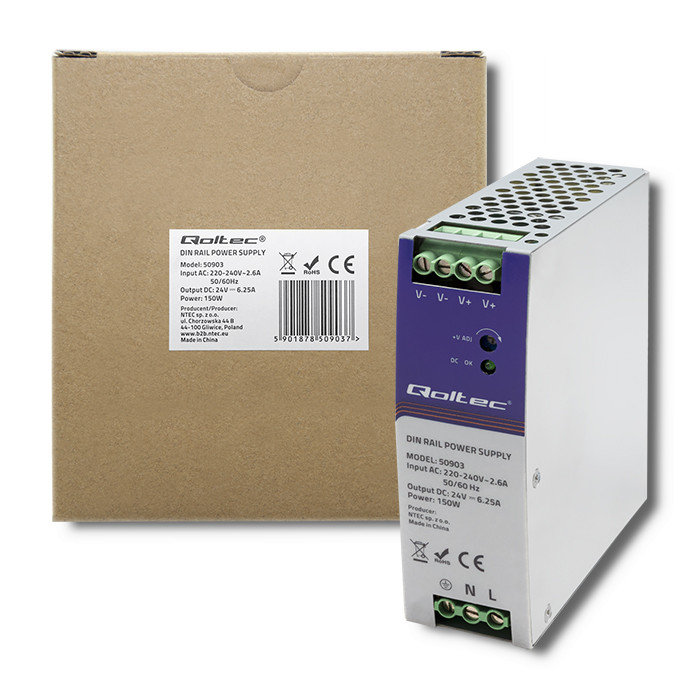 Qoltec Przemysłowy Zasilacz Na Szynę Din 150W 24V  6.25A