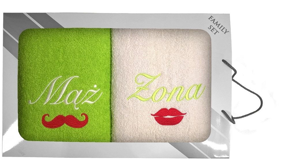Komplet ręczników w pudełku 2 szt. 70x140 Usta Wąsy Mąż Żona Seledynowy Kremowy