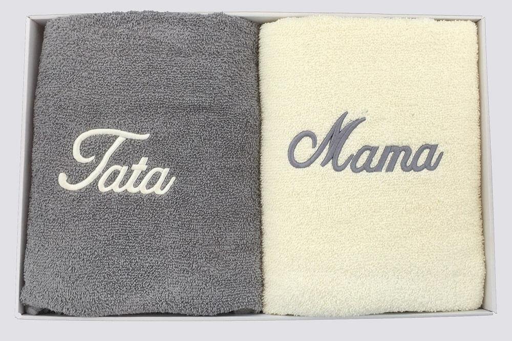 Komplet ręczników w pudełku 2 szt 50x100 Kremowy Szary Jasny Mama Tata