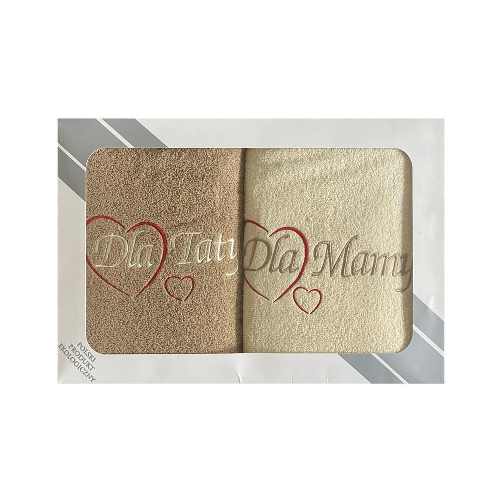 Komplet ręczników w pudełku 2 szt 50x100 Dla Mamy Dla Taty kremowy beżowy serduszka