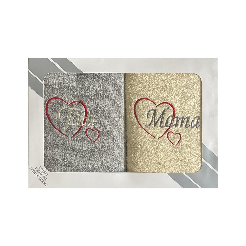 Komplet ręczników w pudełku 2 szt 50x100 Mama Tata kremowy szary jasny serduszka