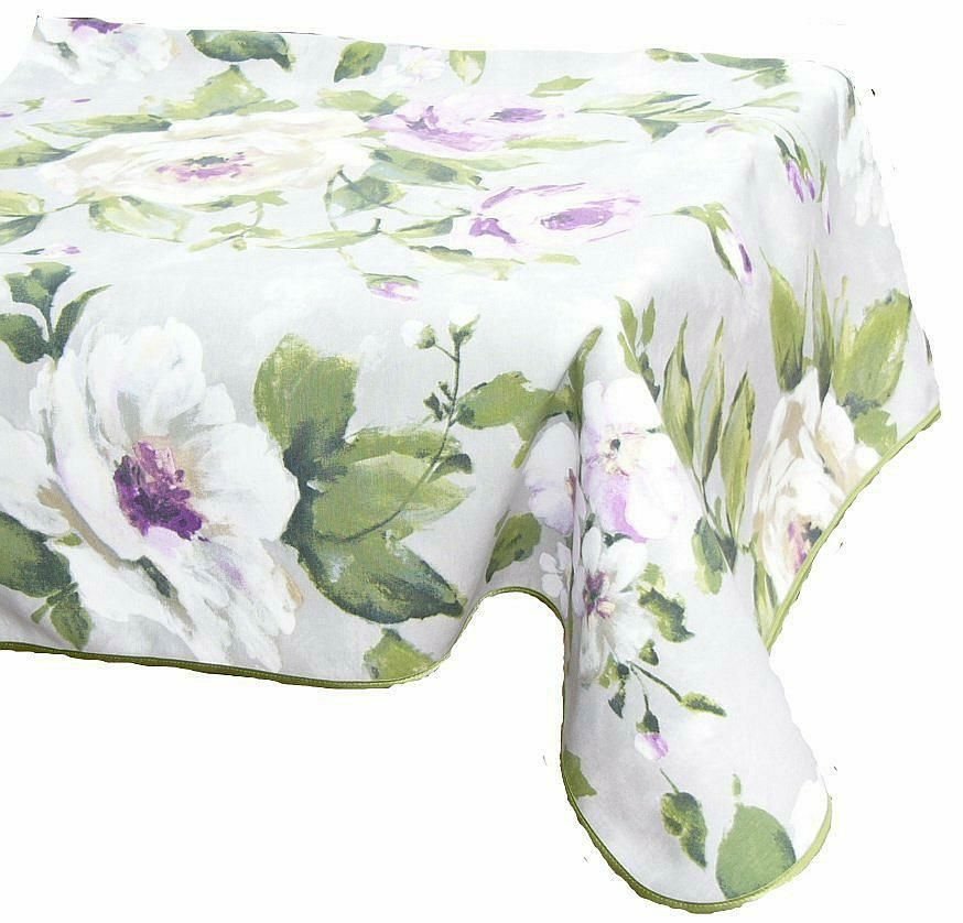 Obrus 140X300 Dekora A Szary Zielony Fioletowy Liście Kwiaty Wykończony Lamówką