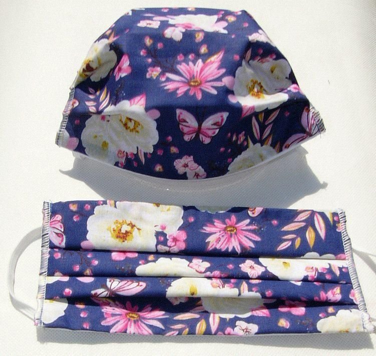 Maseczka Maska Ochronna Na Twarz Szafirowa Kwiatki Białe Różowe