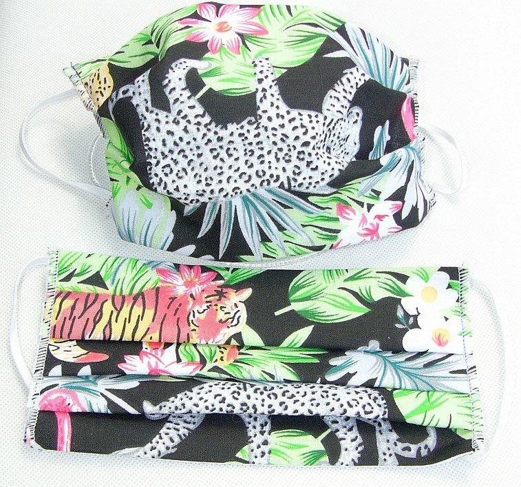 Maseczka Maska Ochronna Na Twarz Dżungla Palmy Tygrys Lampart Dzikie Koty Czarne Tło