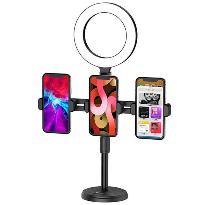 Statyw Biurkowy Do Nagrywania Wideo / Vlogów / Streamingu Live Uchwyt Na 3 Smartfony + Lampa Pierścieniowa Led Kaku Mobile Phone Live Desktop Stand ..