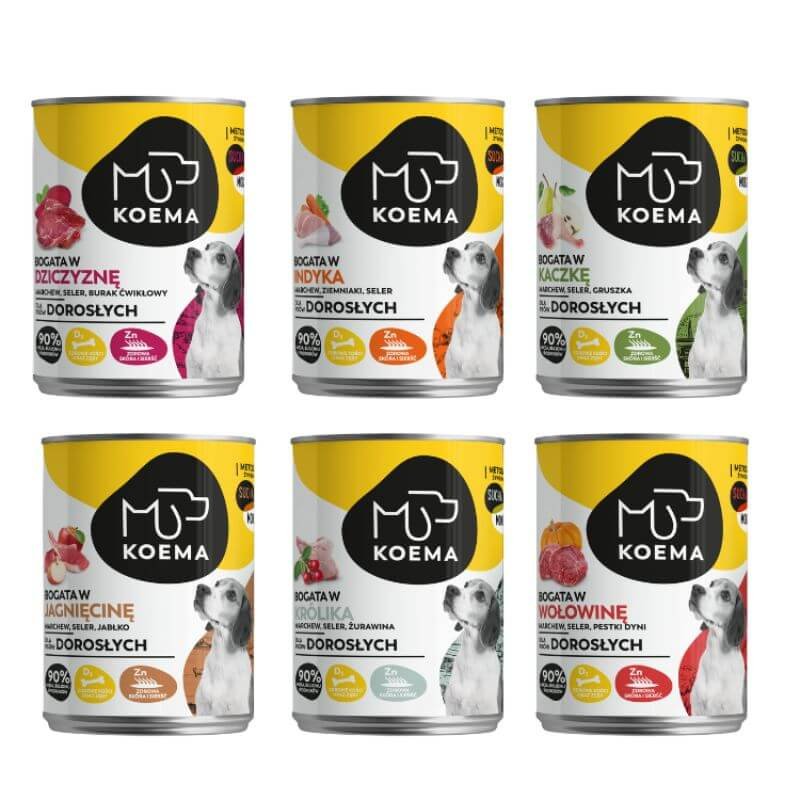 karma dla psa 90% mięsa mix 6 smaków 400g x 6 (dziczyzna, jagnięcina, wołowina, królik, indyk, kaczka)