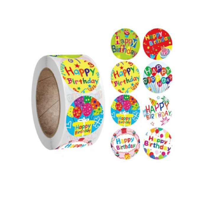 Naklejki Ozdobne Okrągłe Happy Birthday Mix 500Szt
