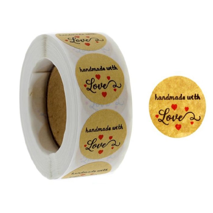 Naklejki Ozdobne Okrągłe Handmade With Love 100Szt