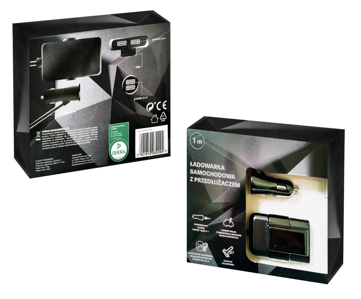 Ładowarka Samochodowa 2Xusb 5V Z Przedłużaczem