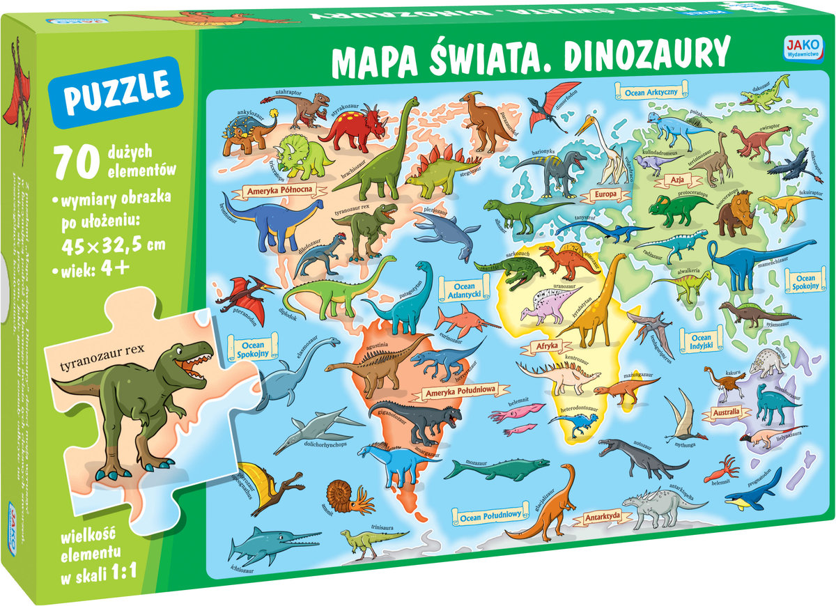 Puzzle Mapa świata Dinozaury 70 elementów