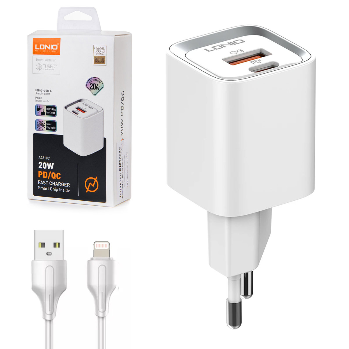 Szybka Ładowarka USB 20W PD QC3.0 kabel USB-A Lightning